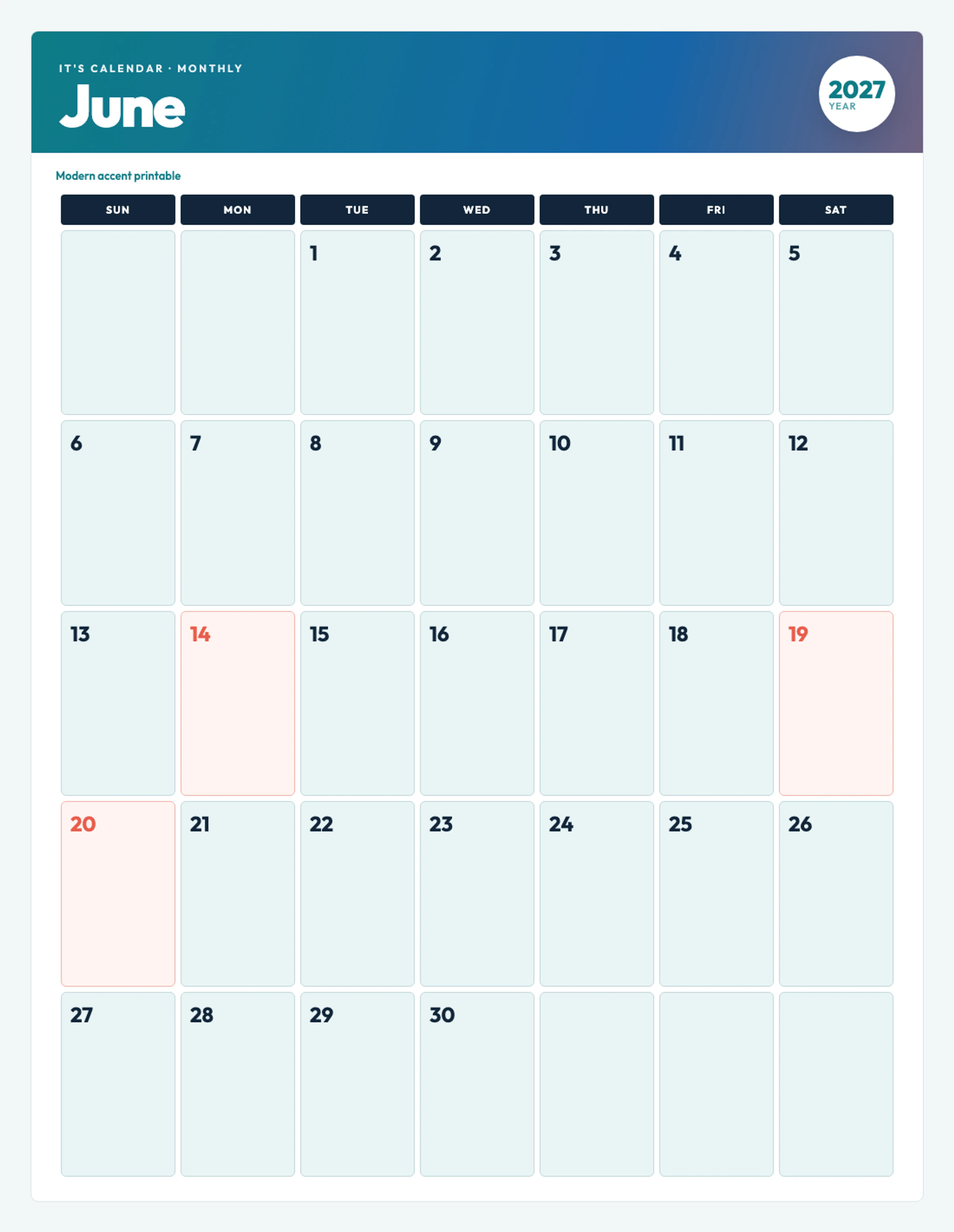 Cute / Winter June 2027 Calendar