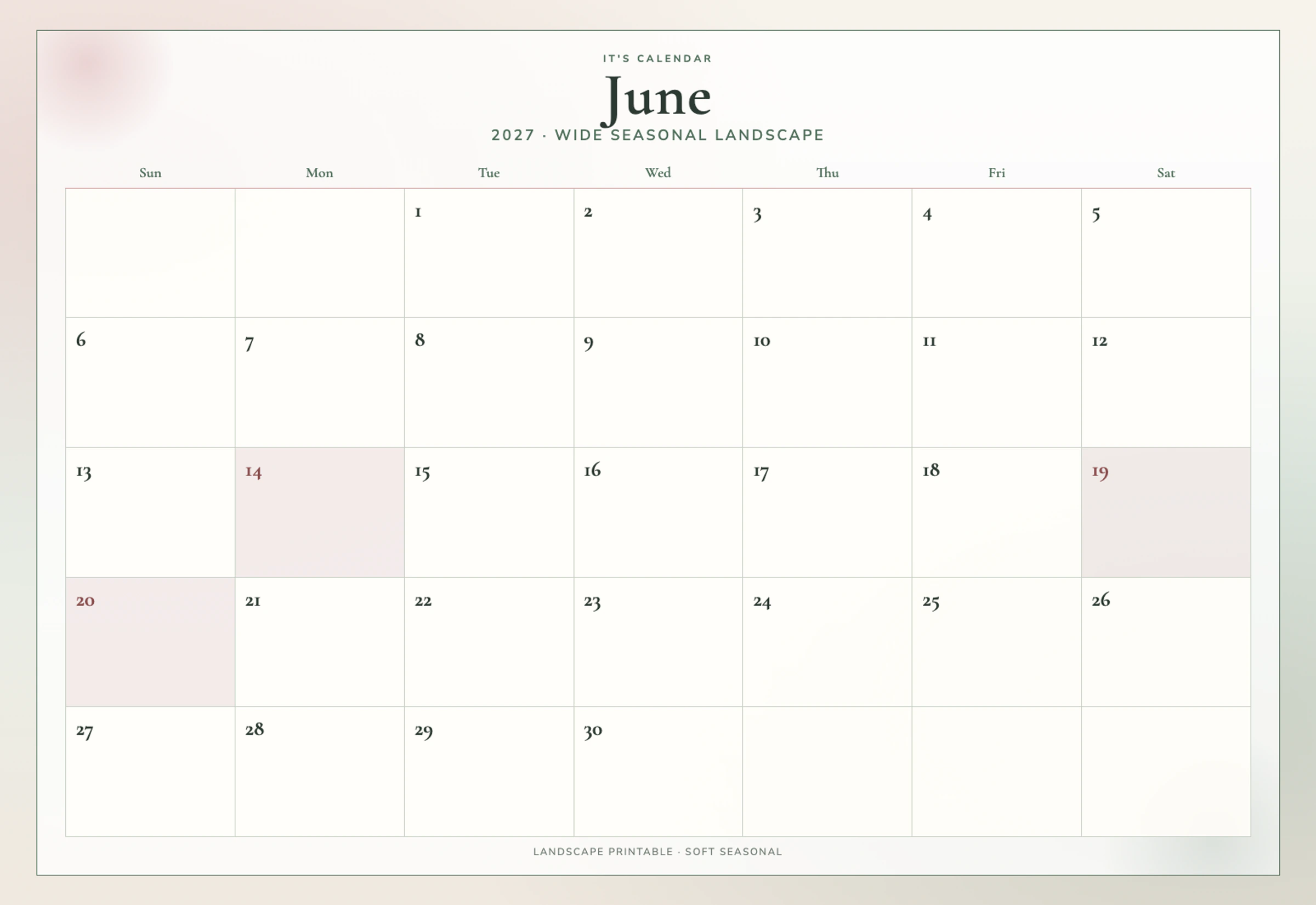 Landscape June 2027 Calendar