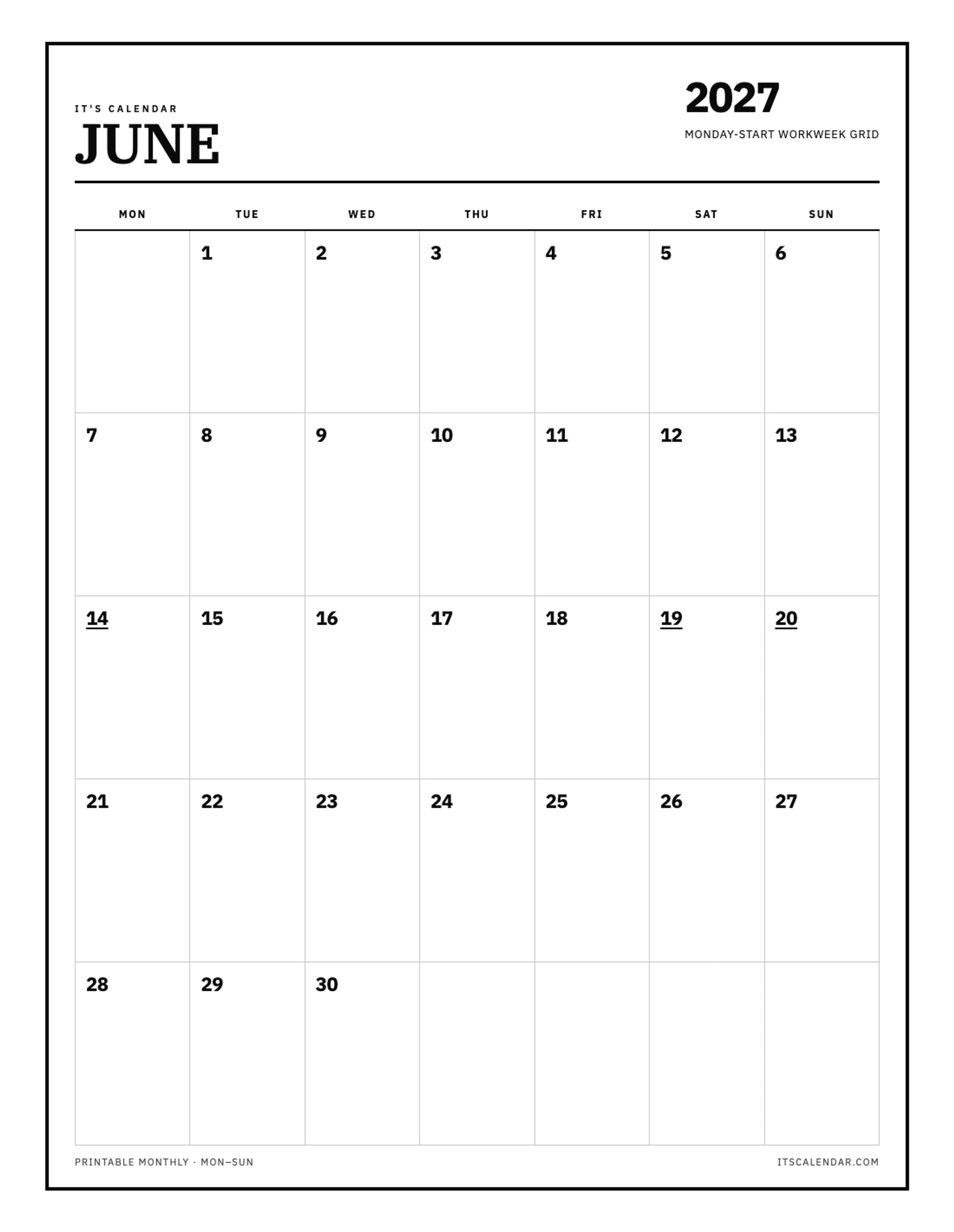 June 2027 Calendar – Monday Start