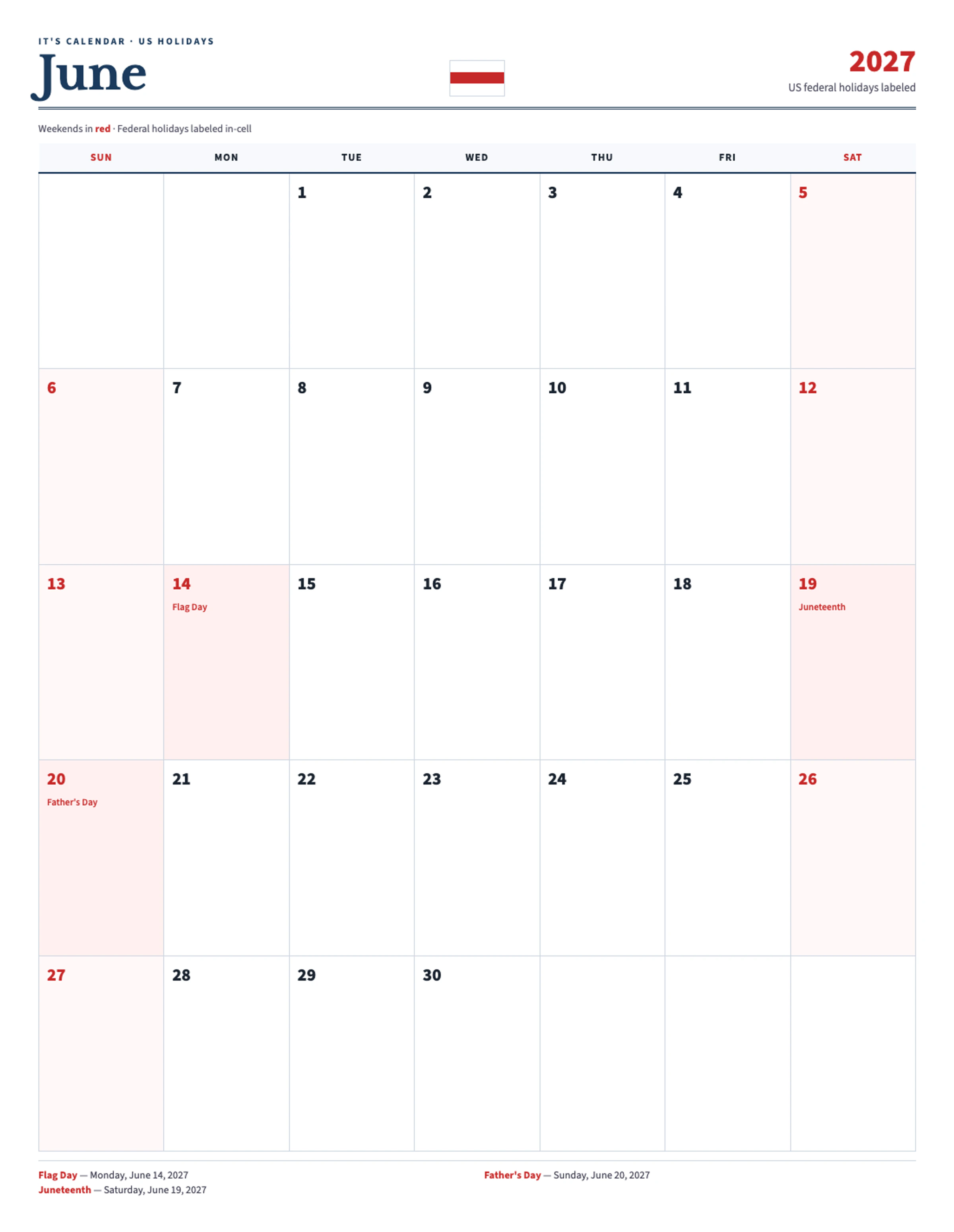 June 2027 Calendar With Holidays