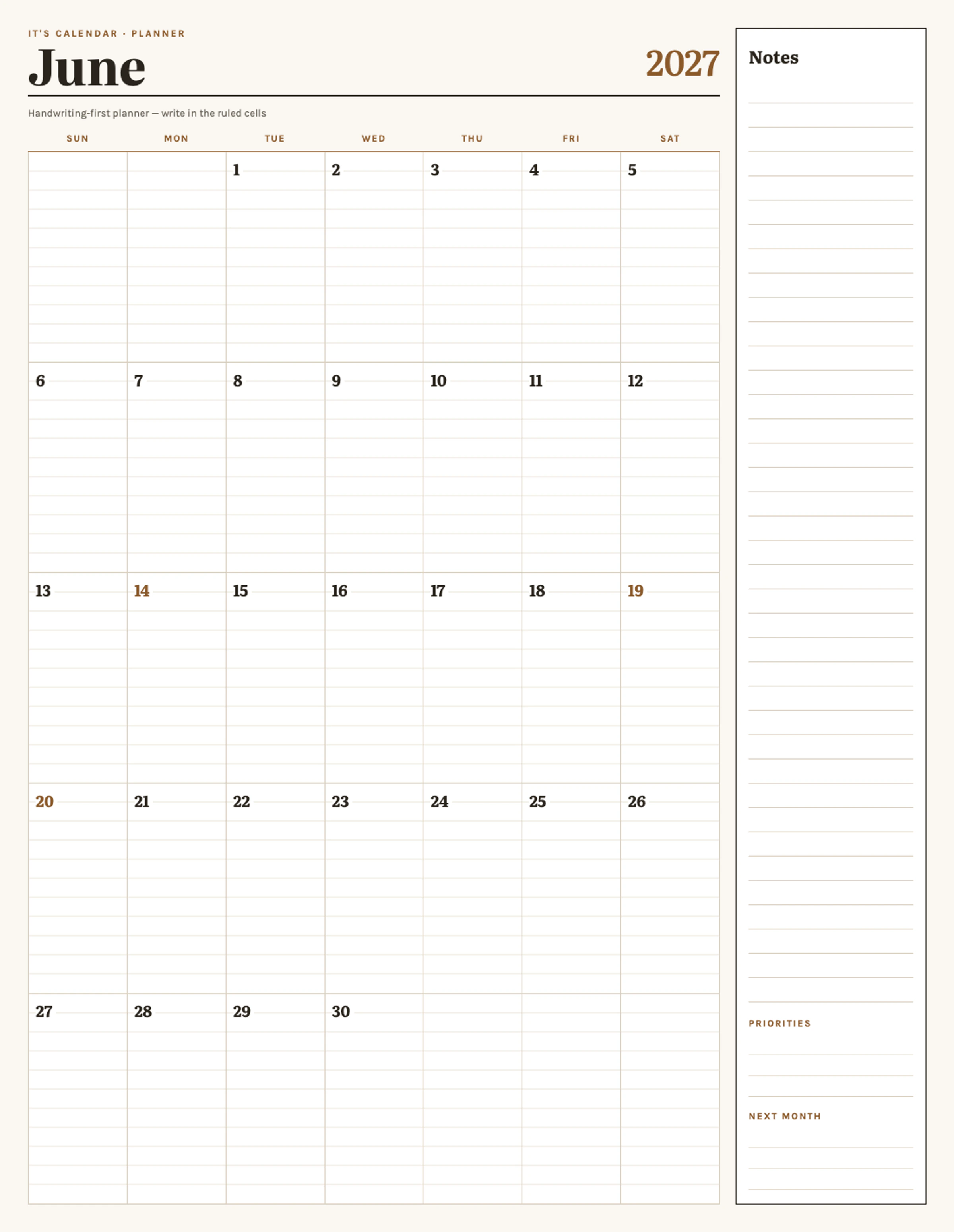 June 2027 Calendar With Notes