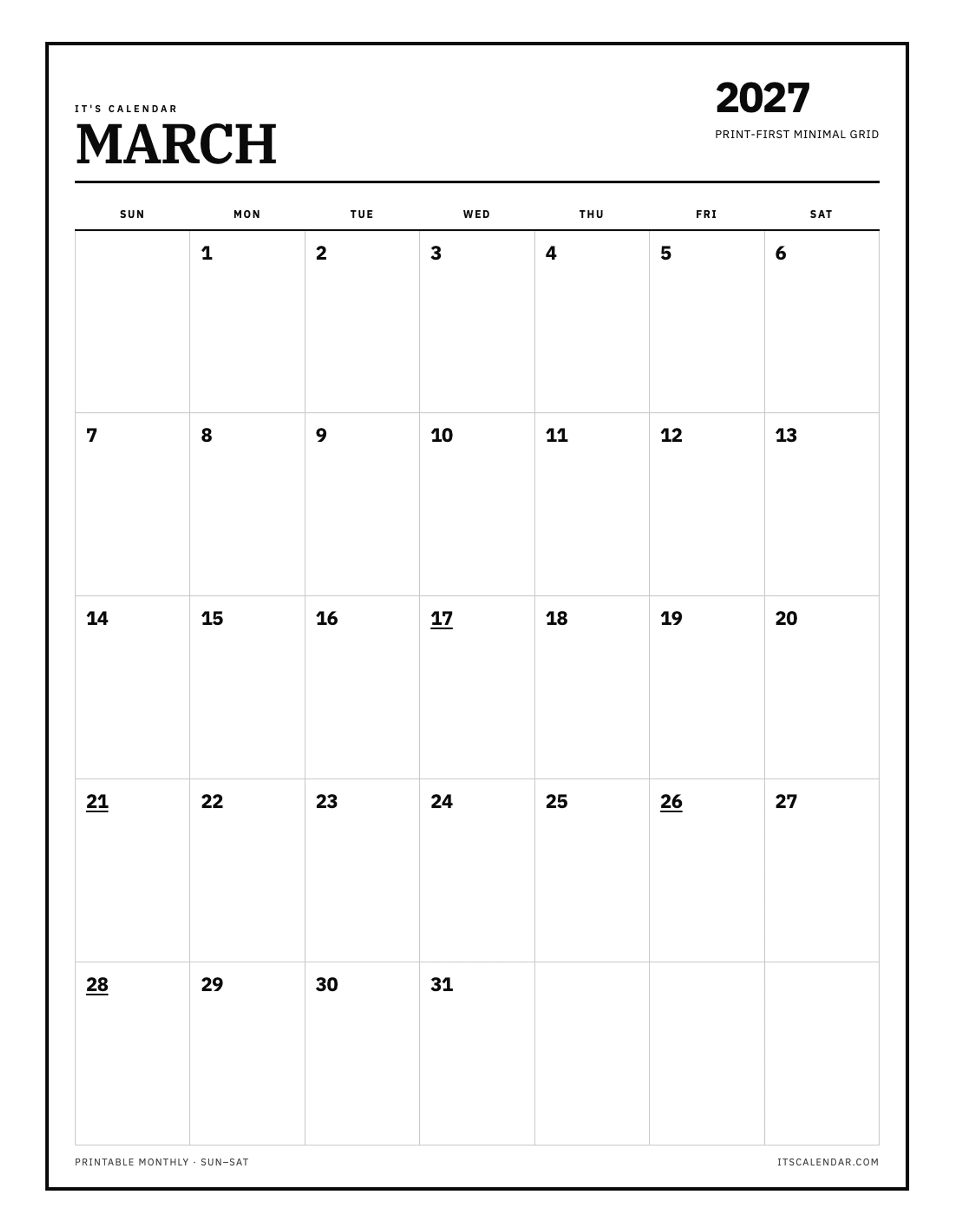 Blank March 2027 Calendar