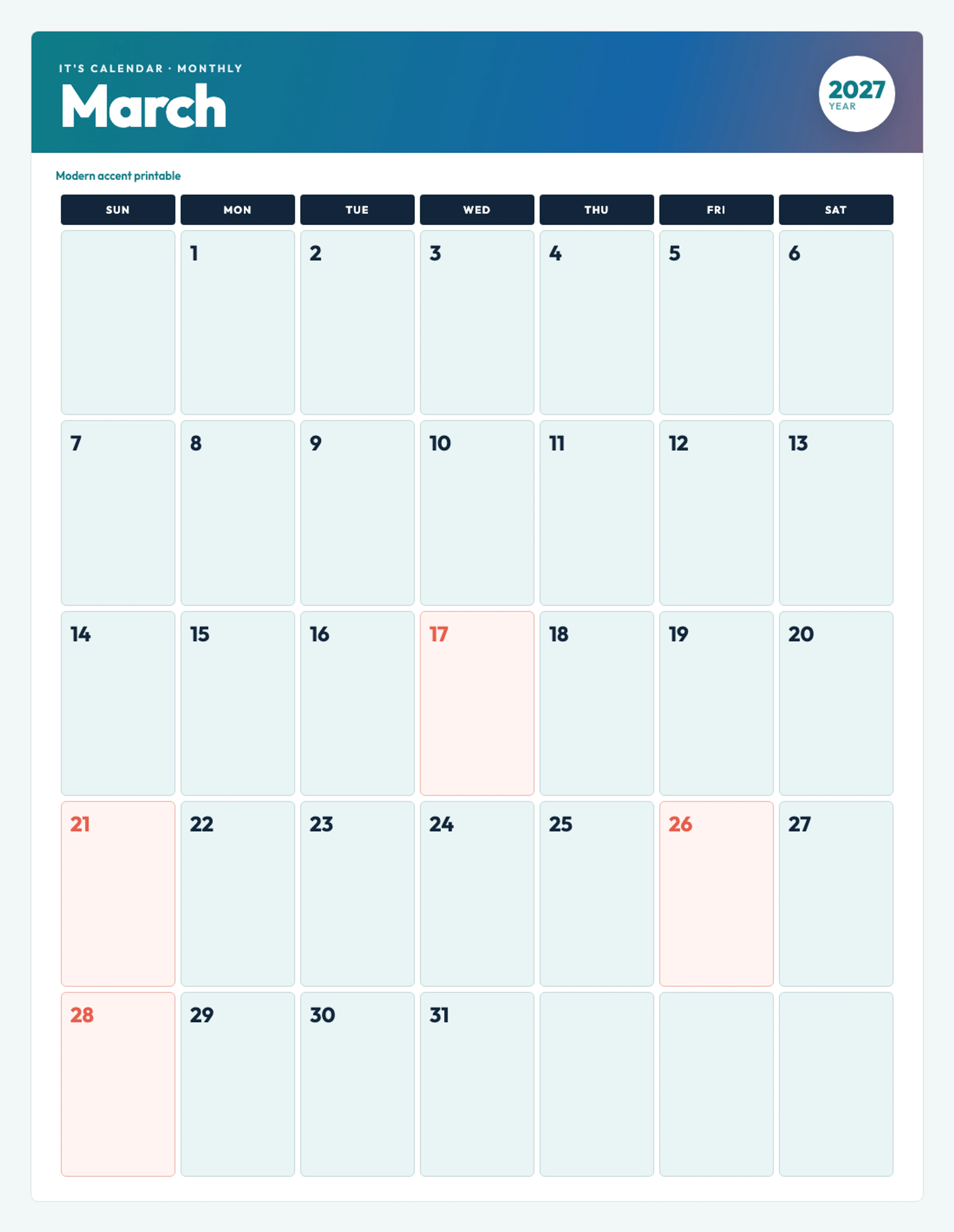 Cute / Winter March 2027 Calendar