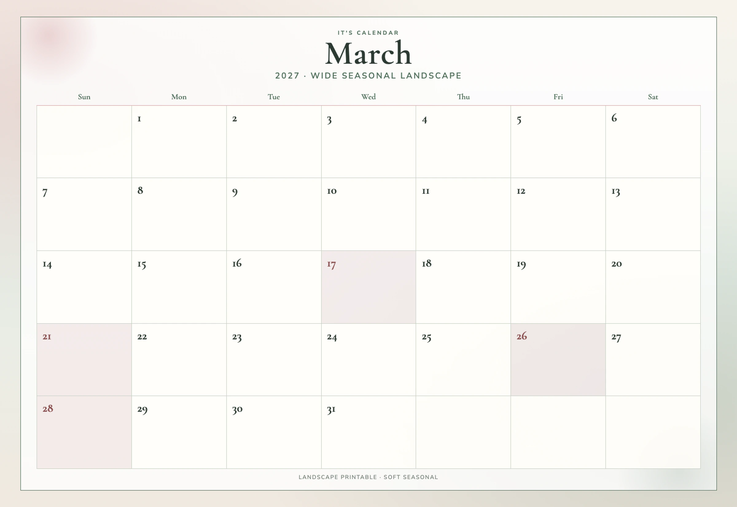 Landscape March 2027 Calendar