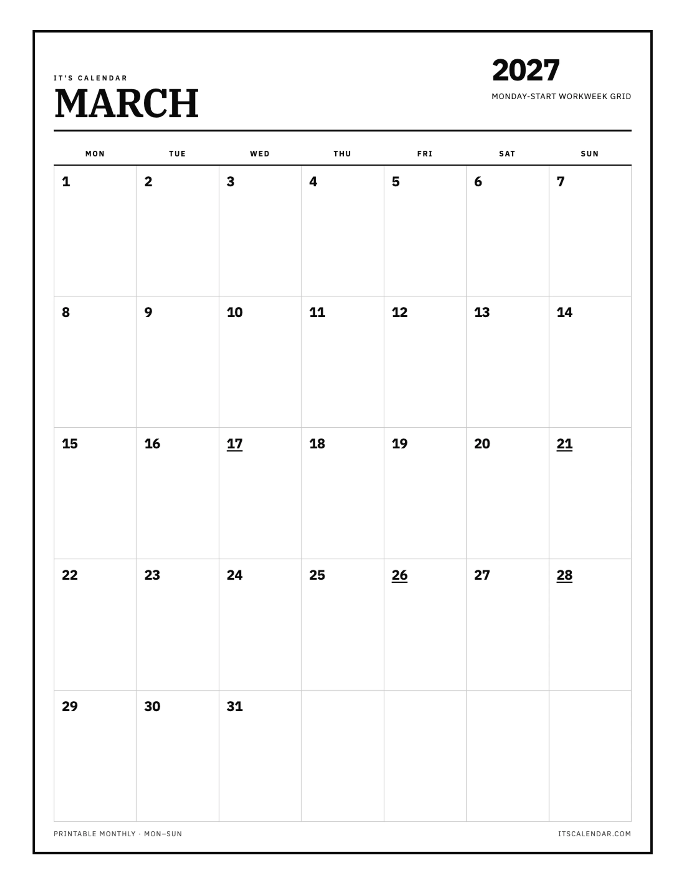 March 2027 Calendar – Monday Start