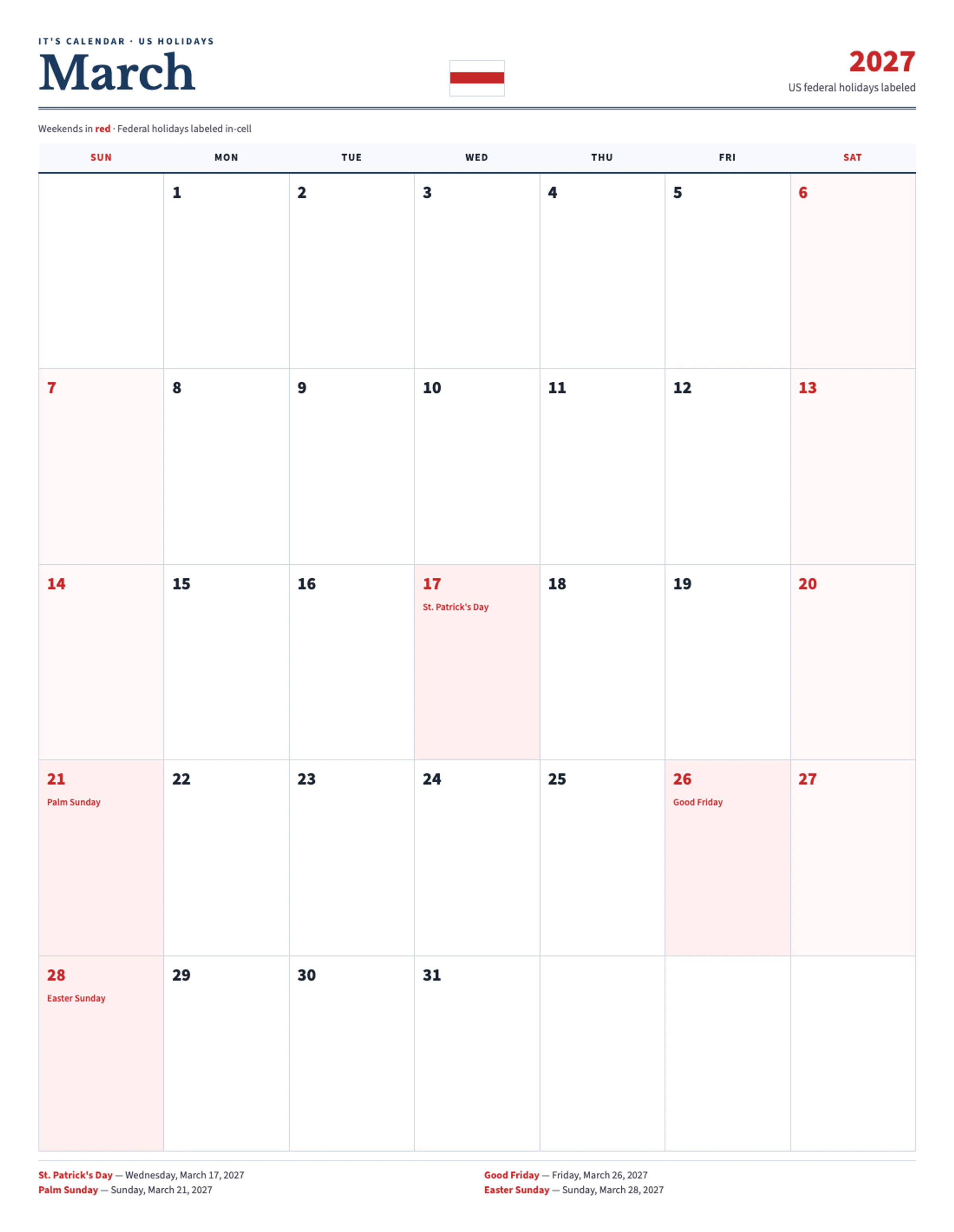 March 2027 Calendar With Holidays
