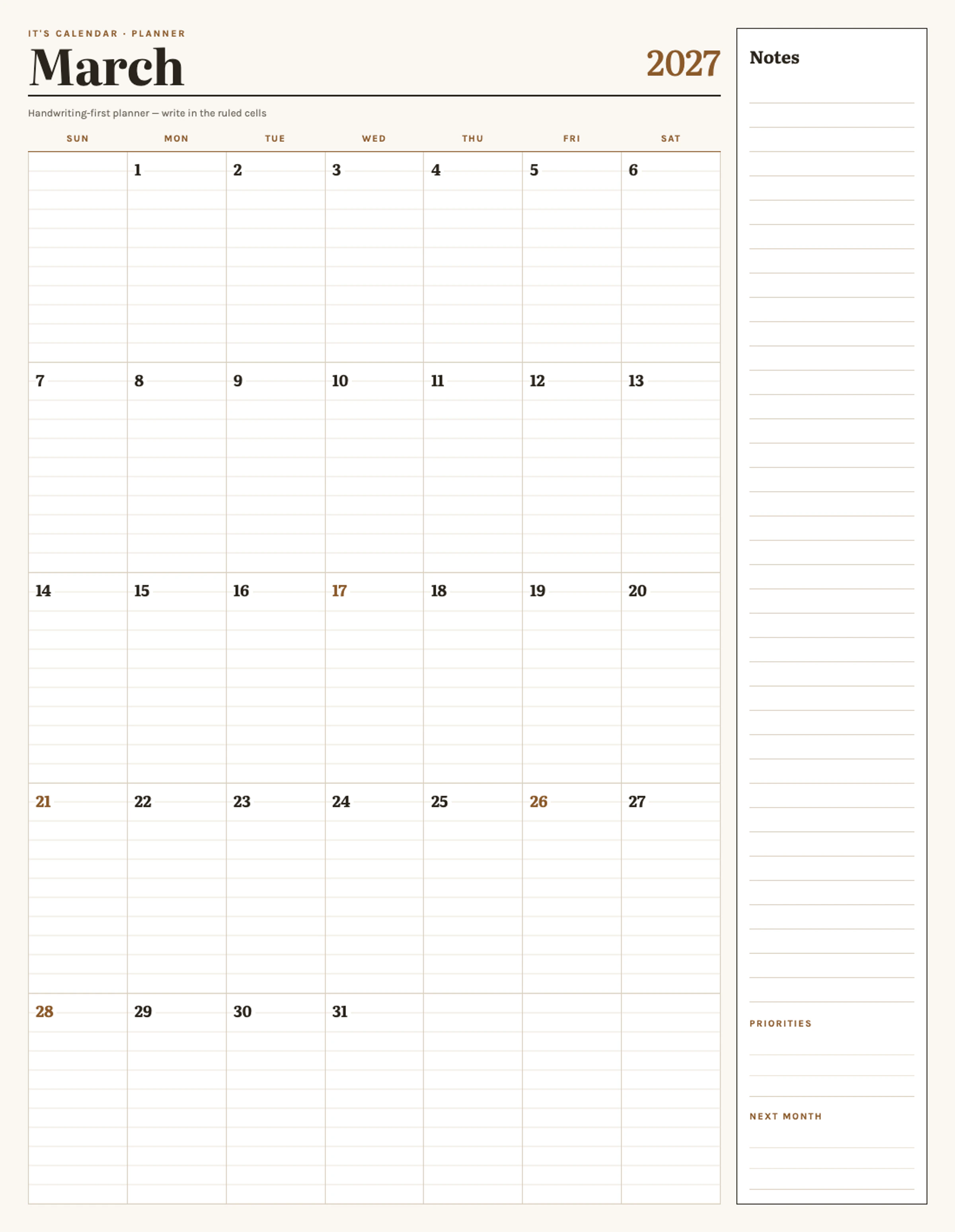 March 2027 Calendar With Notes