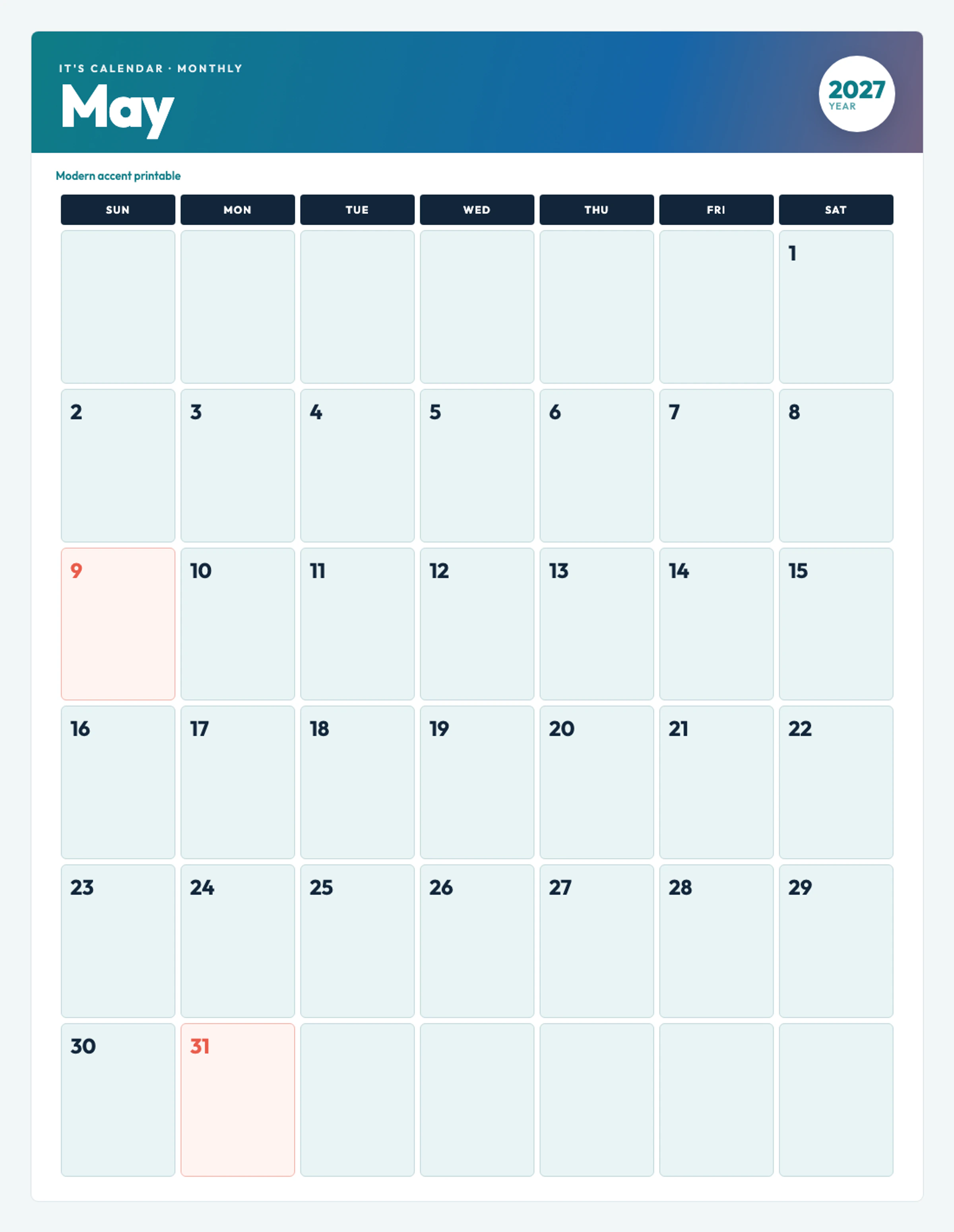 Cute / Winter May 2027 Calendar