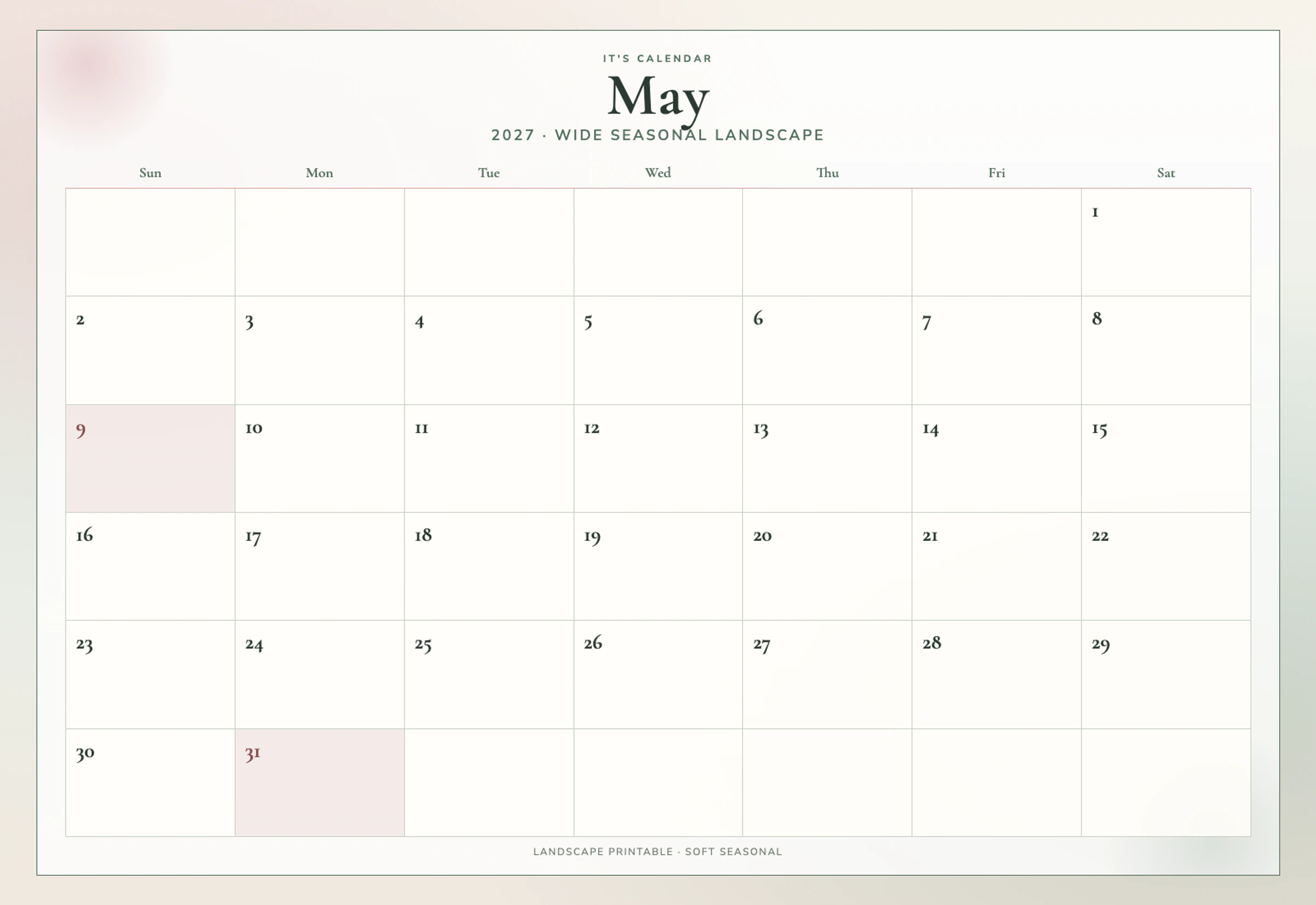 Landscape May 2027 Calendar