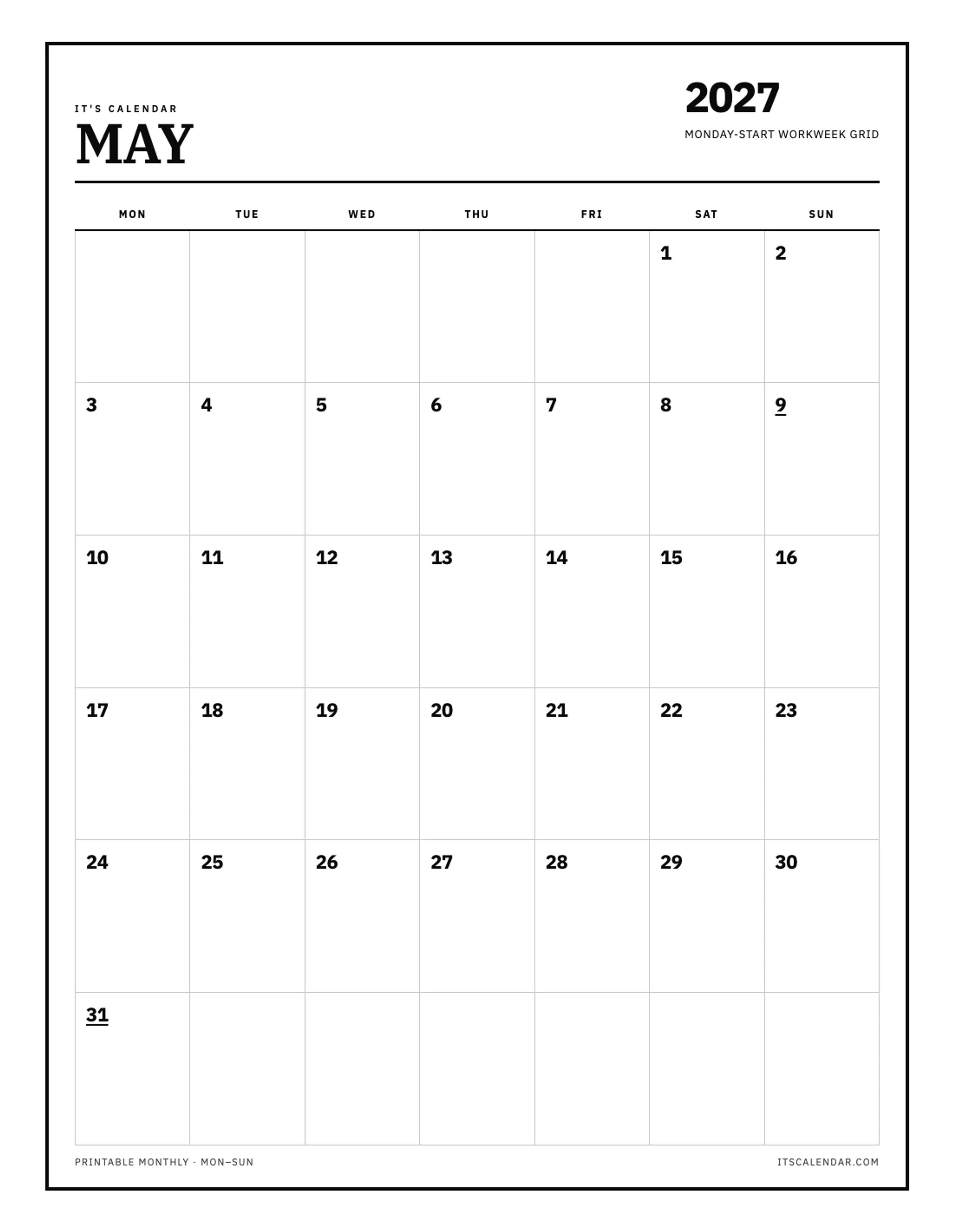 May 2027 Calendar – Monday Start