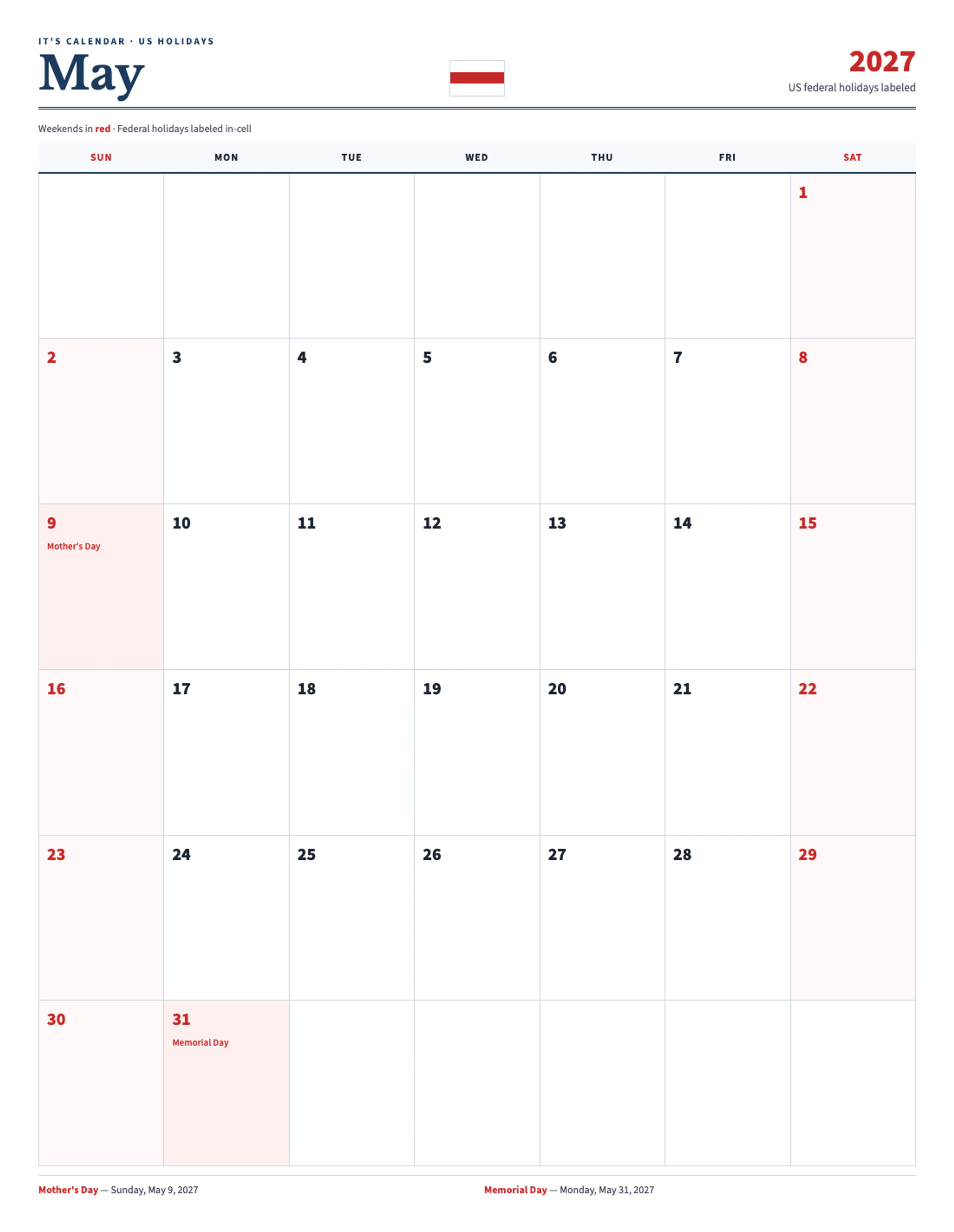 May 2027 Calendar With Holidays