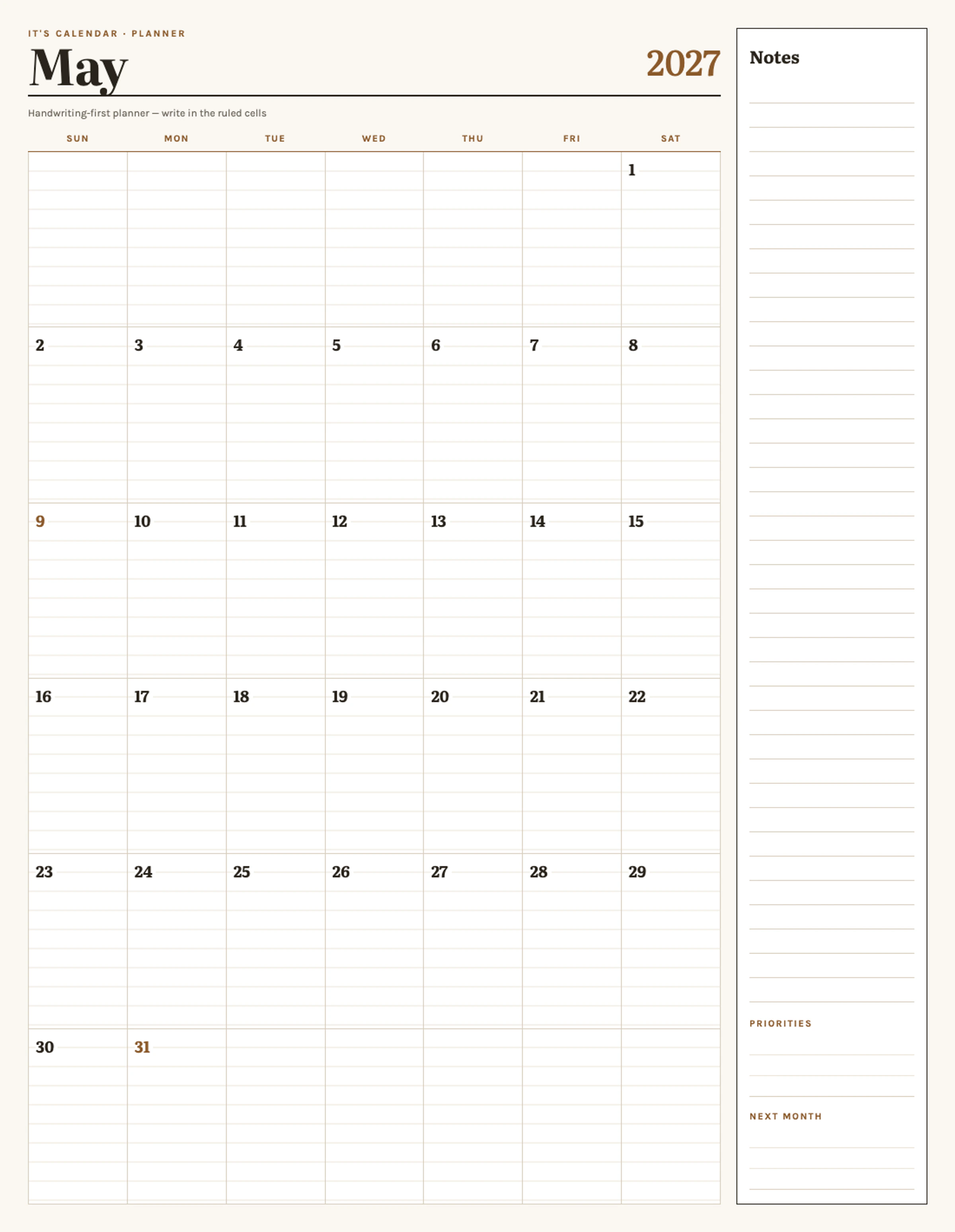 May 2027 Calendar With Notes