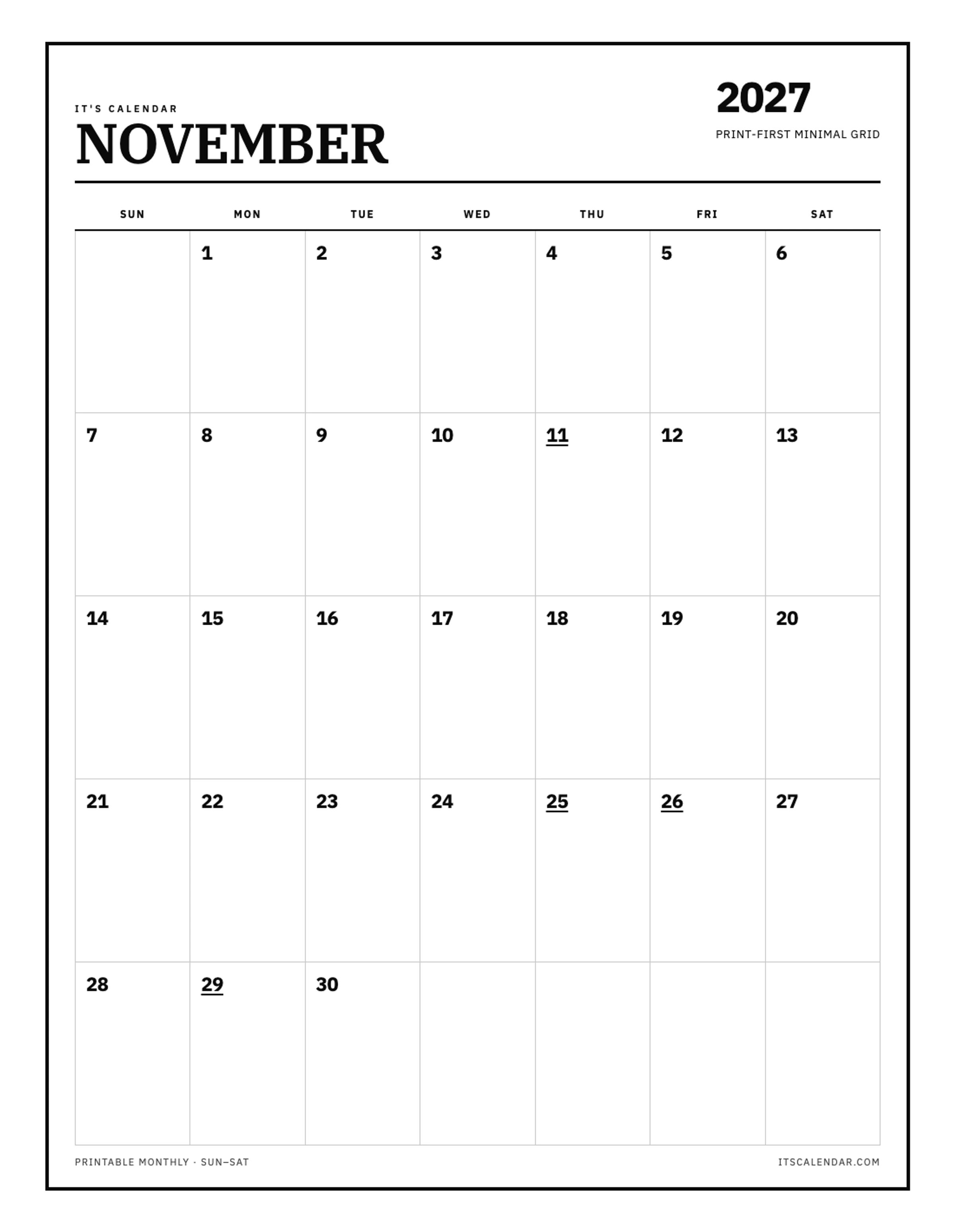 Blank November 2027 Calendar