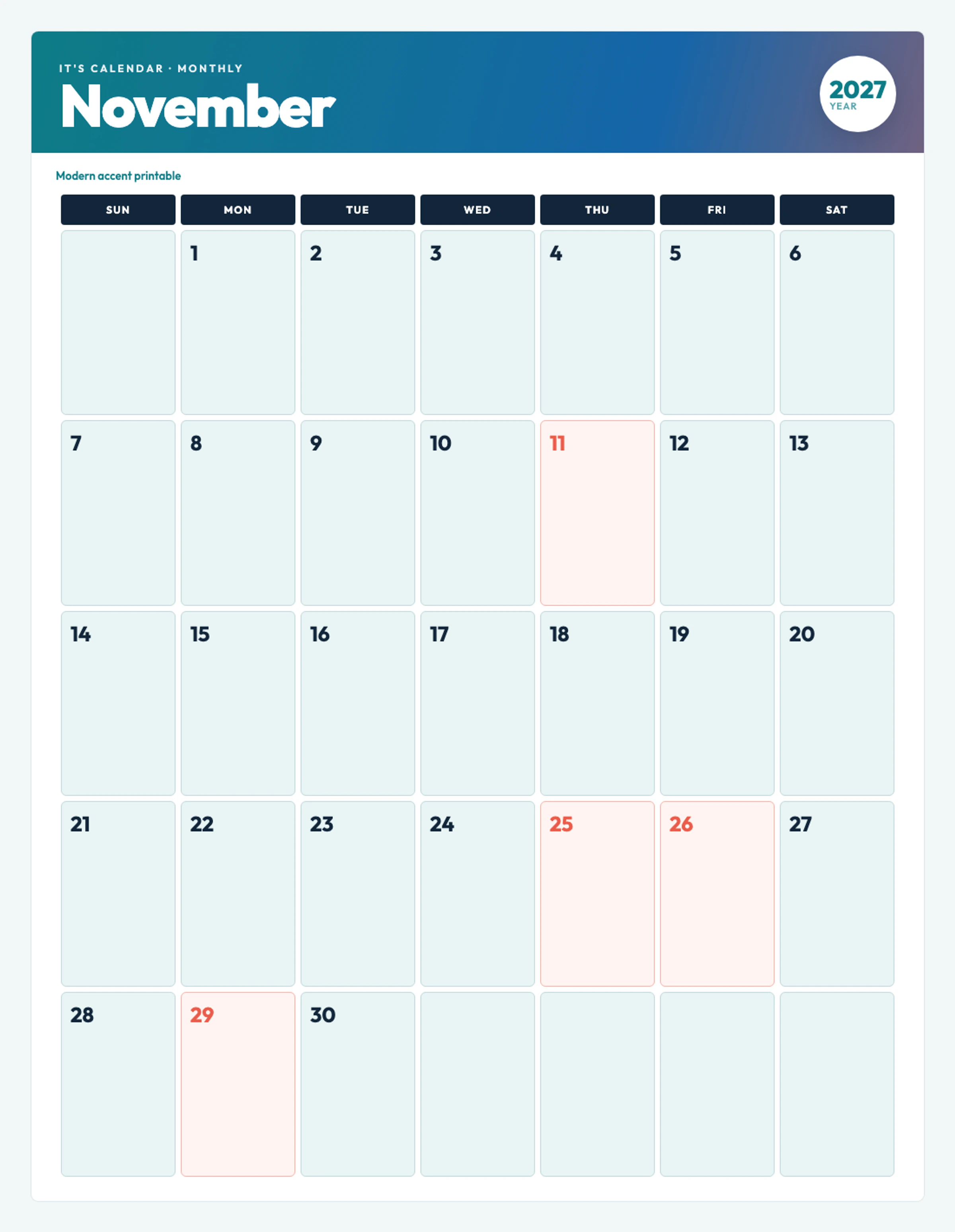 Cute / Winter November 2027 Calendar