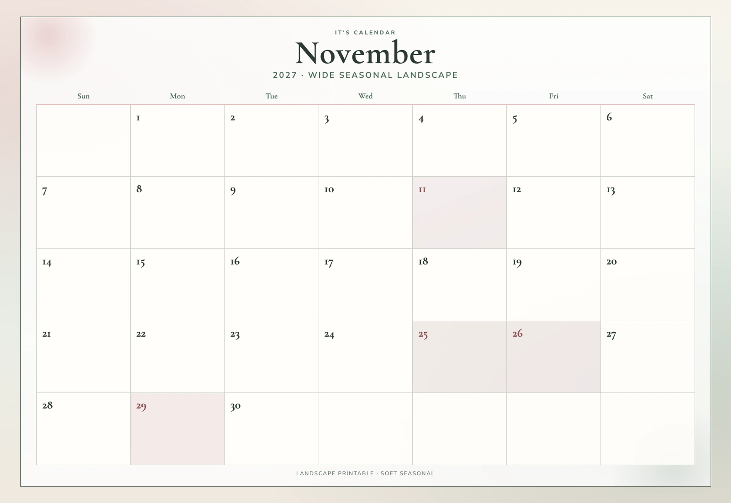 Landscape November 2027 Calendar
