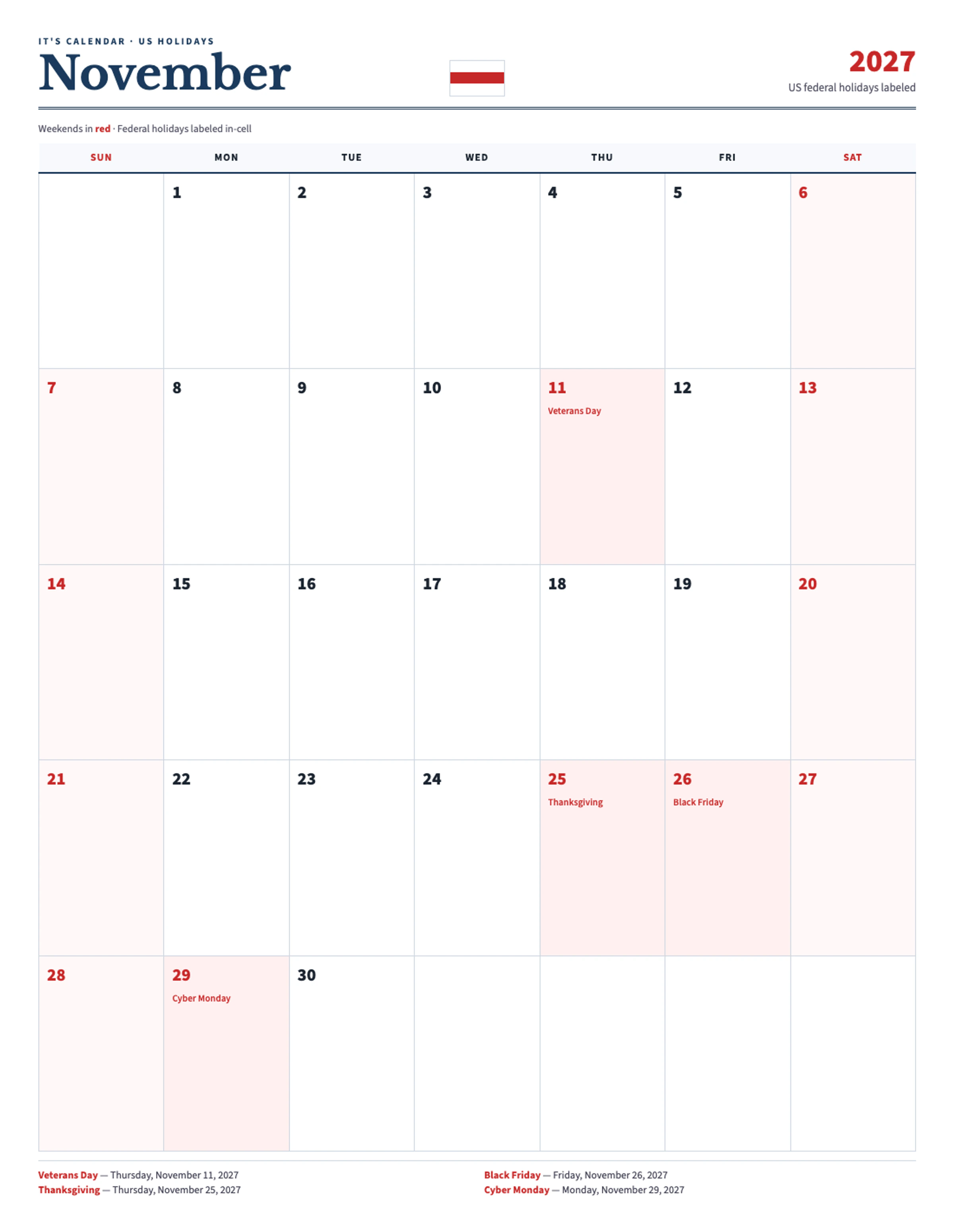 November 2027 Calendar With Holidays