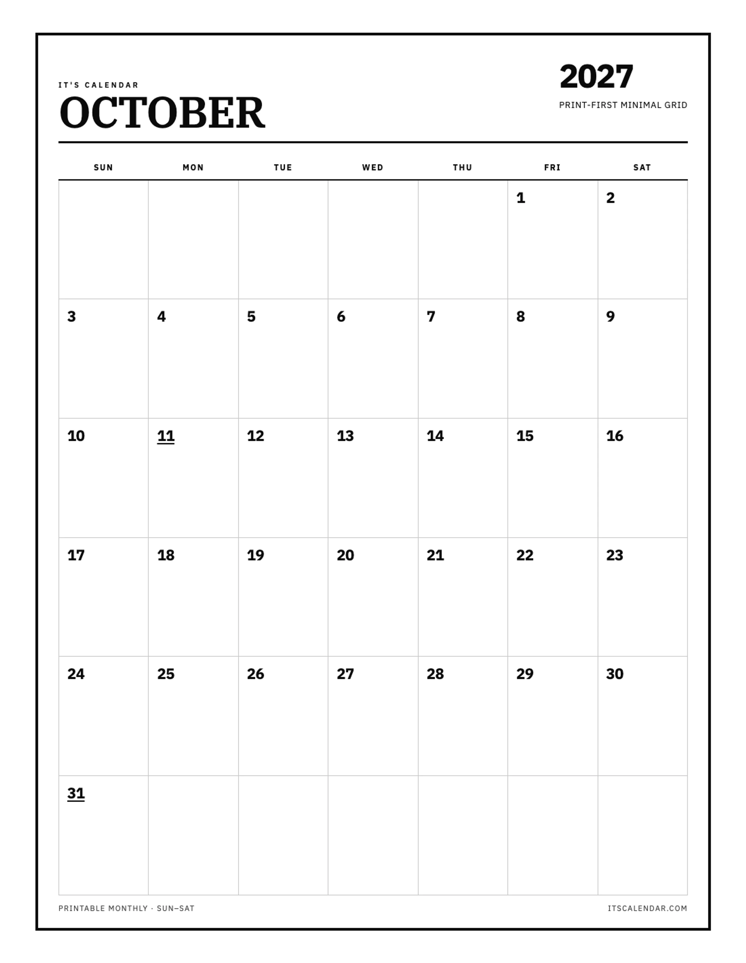 Blank October 2027 Calendar