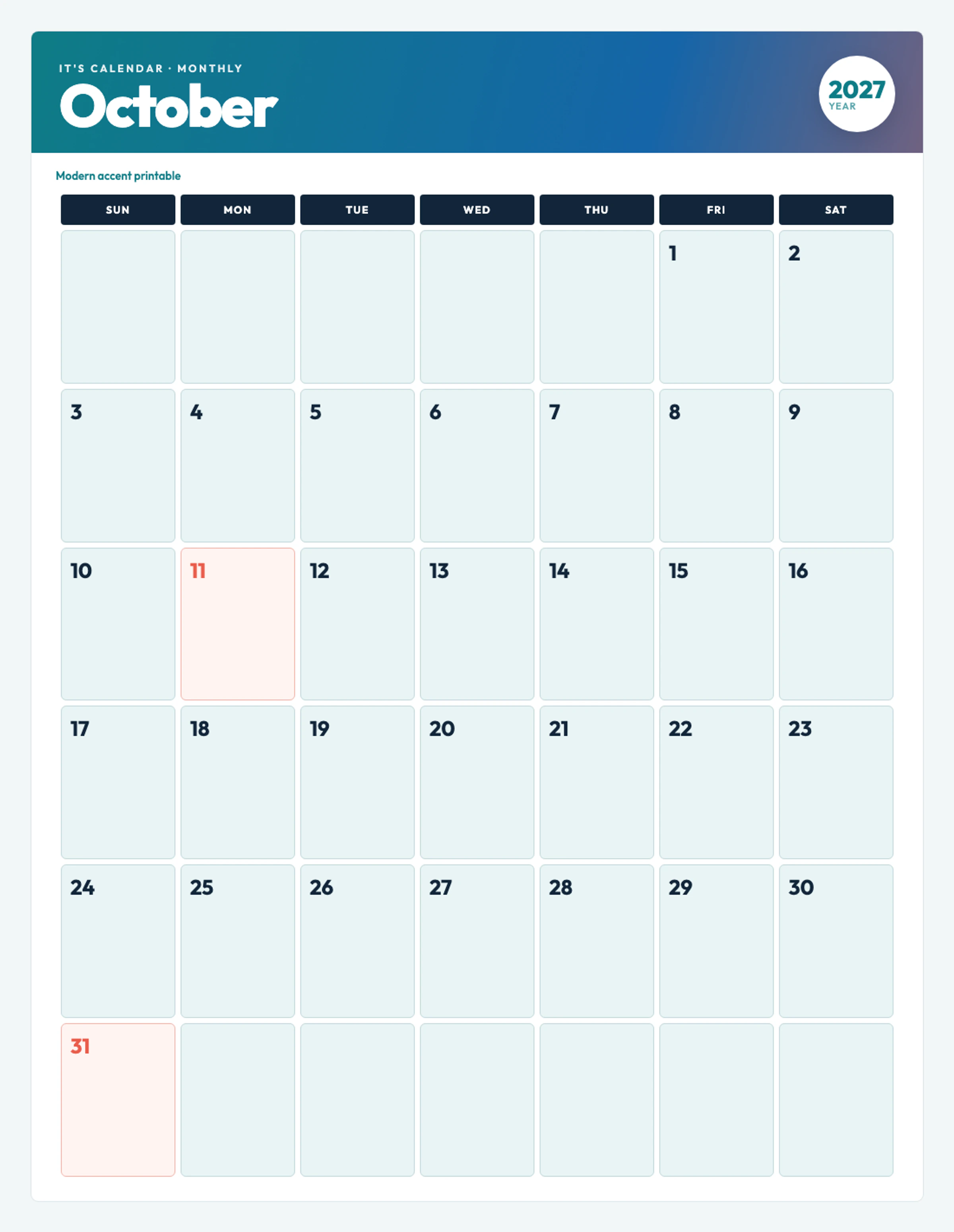 Cute / Winter October 2027 Calendar