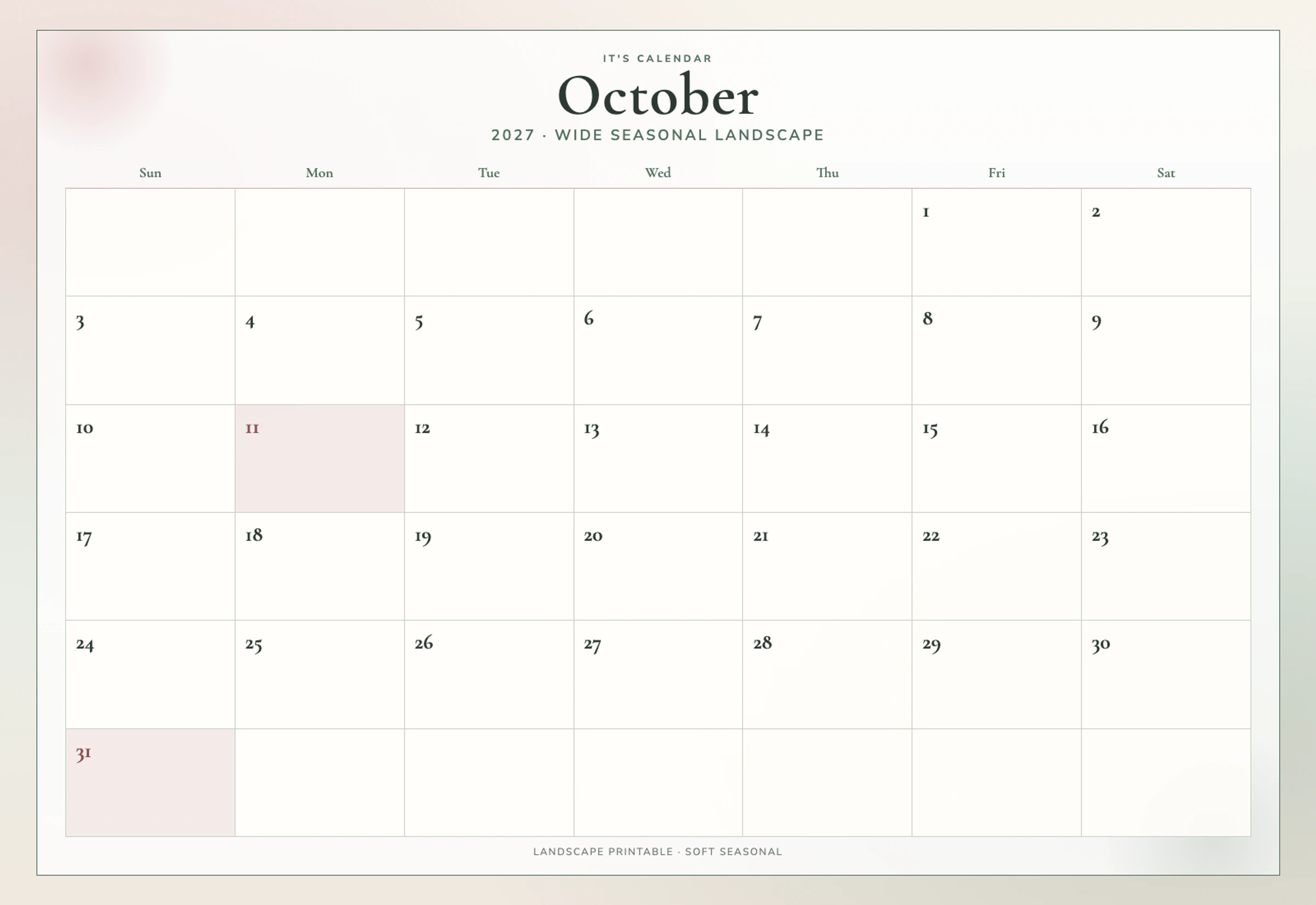 Landscape October 2027 Calendar