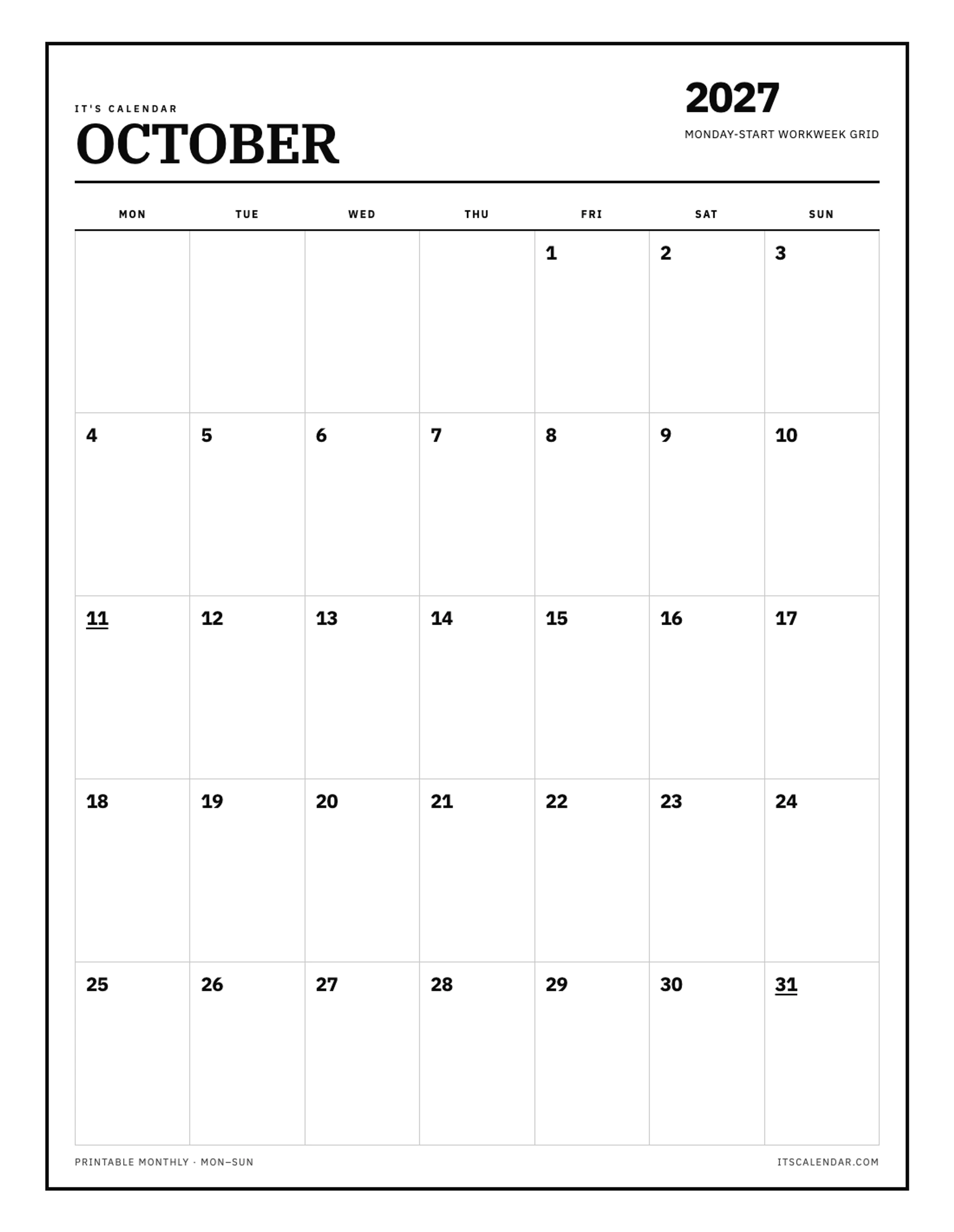 October 2027 Calendar – Monday Start