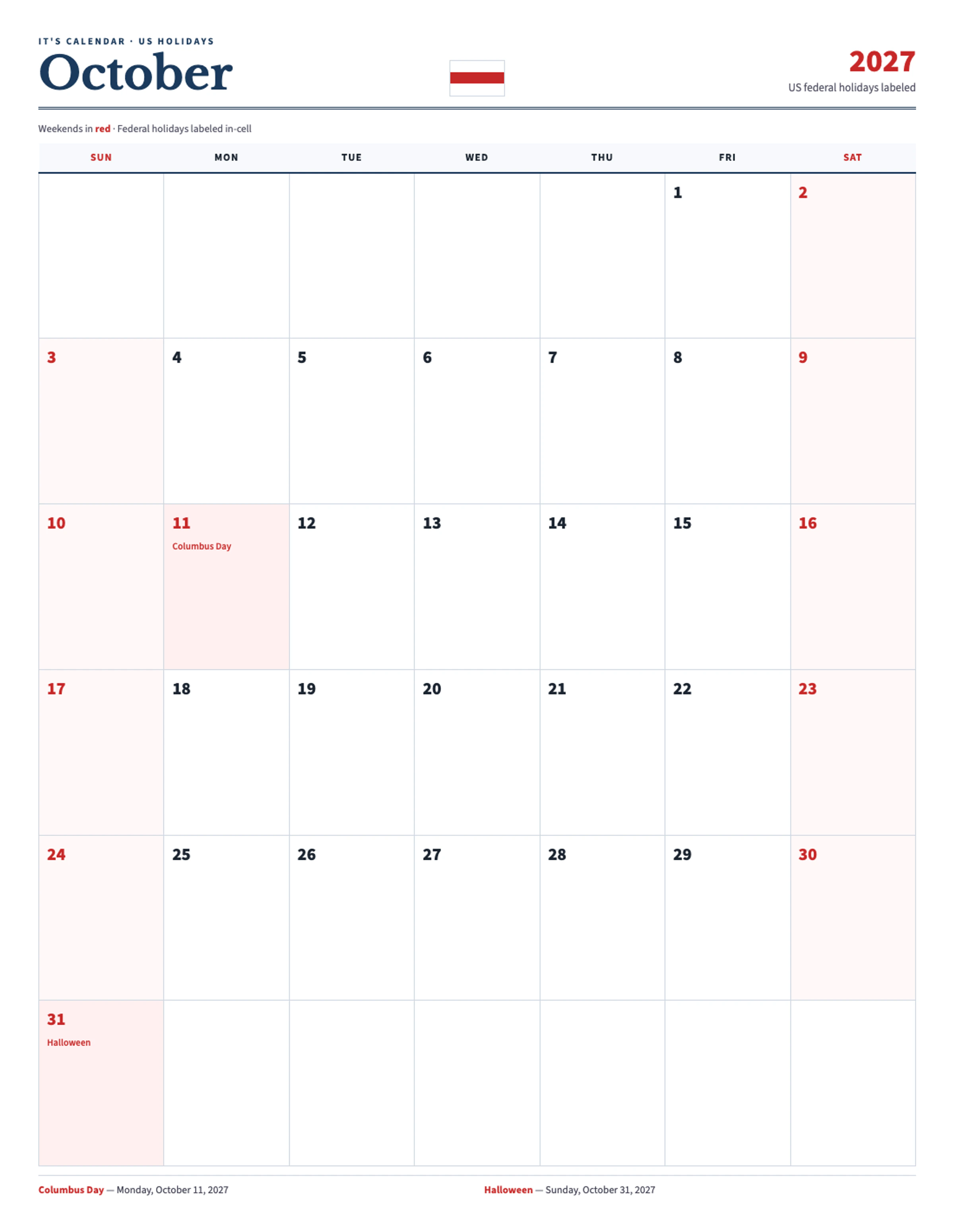 October 2027 Calendar With Holidays