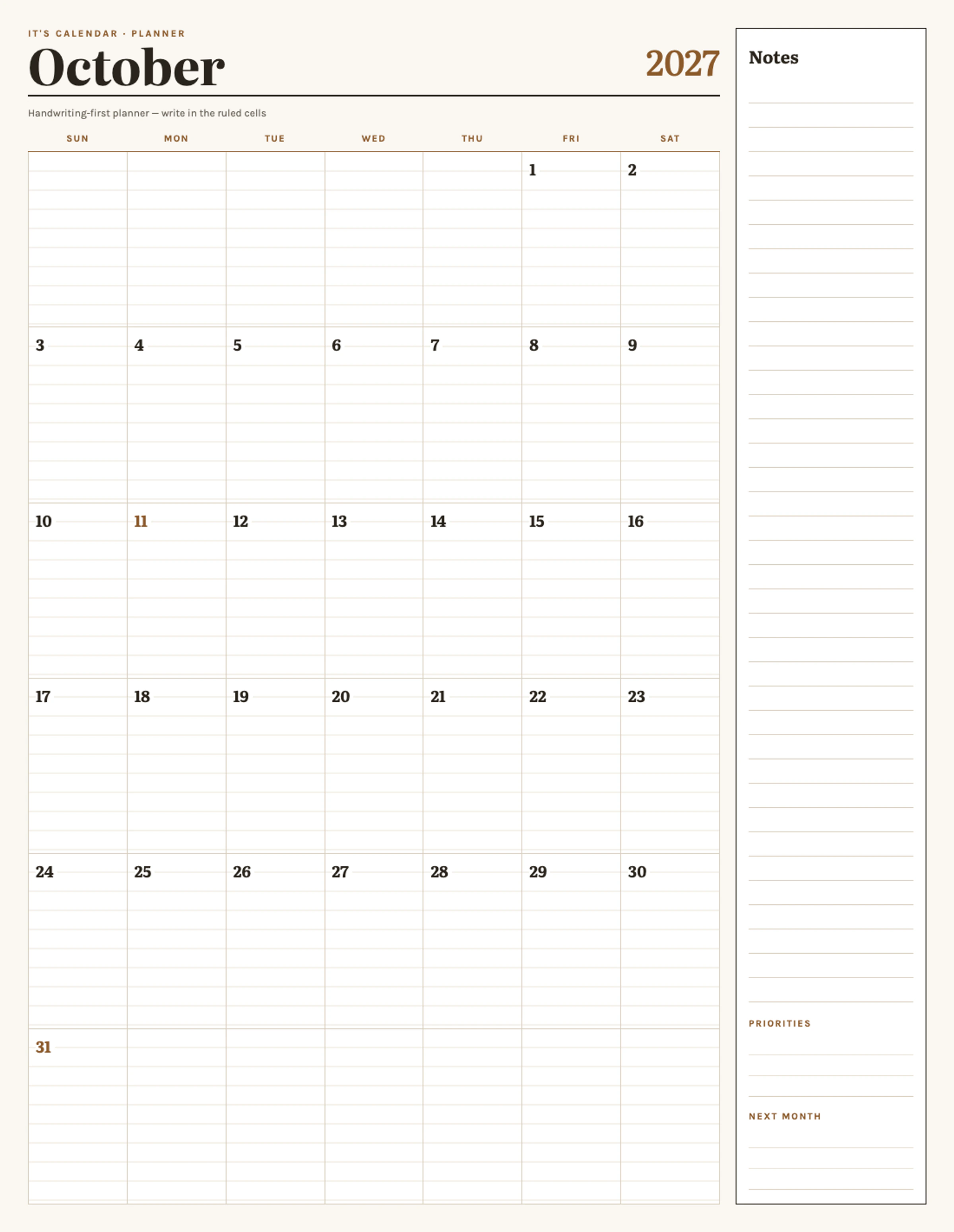 October 2027 Calendar With Notes