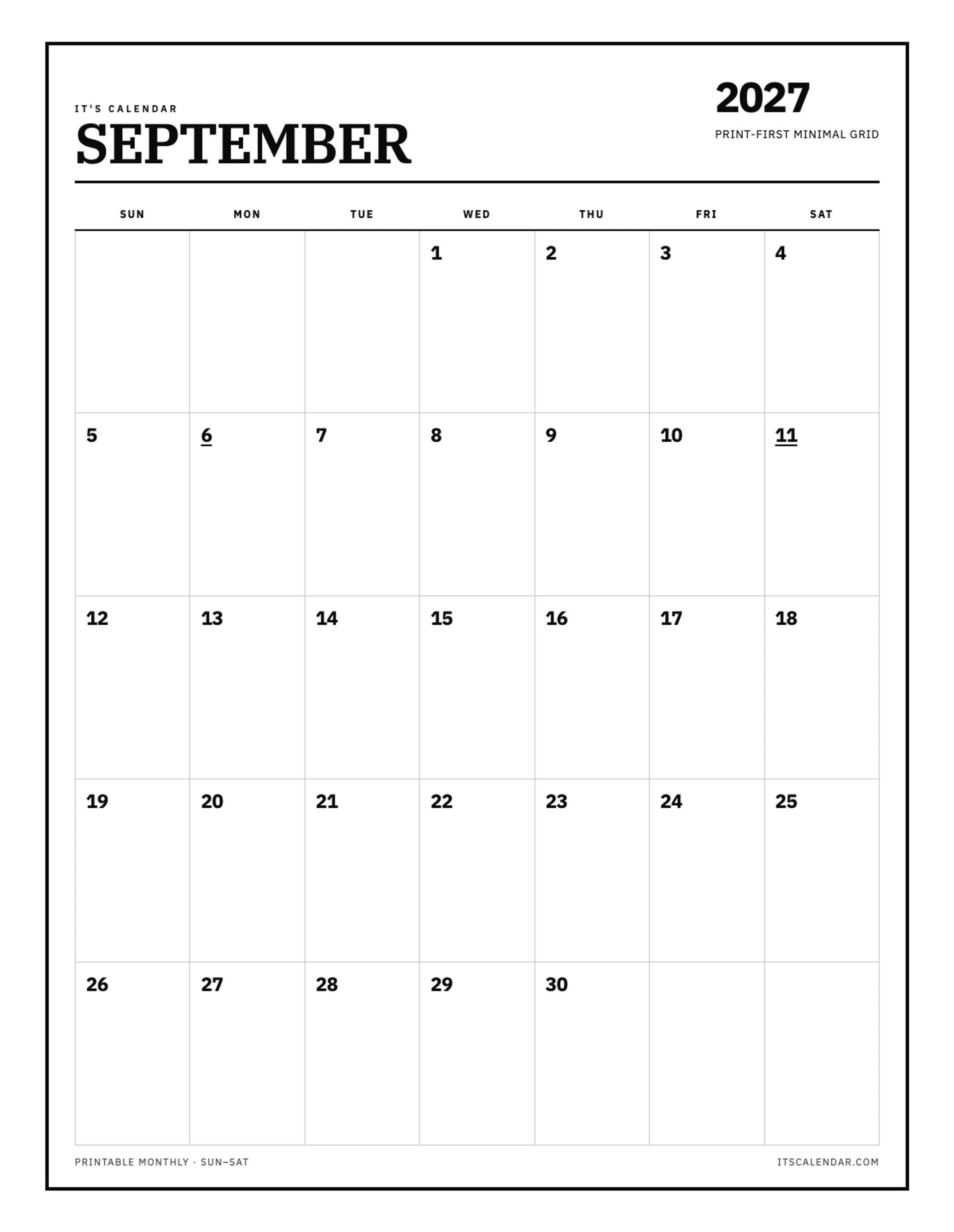 Blank September 2027 Calendar