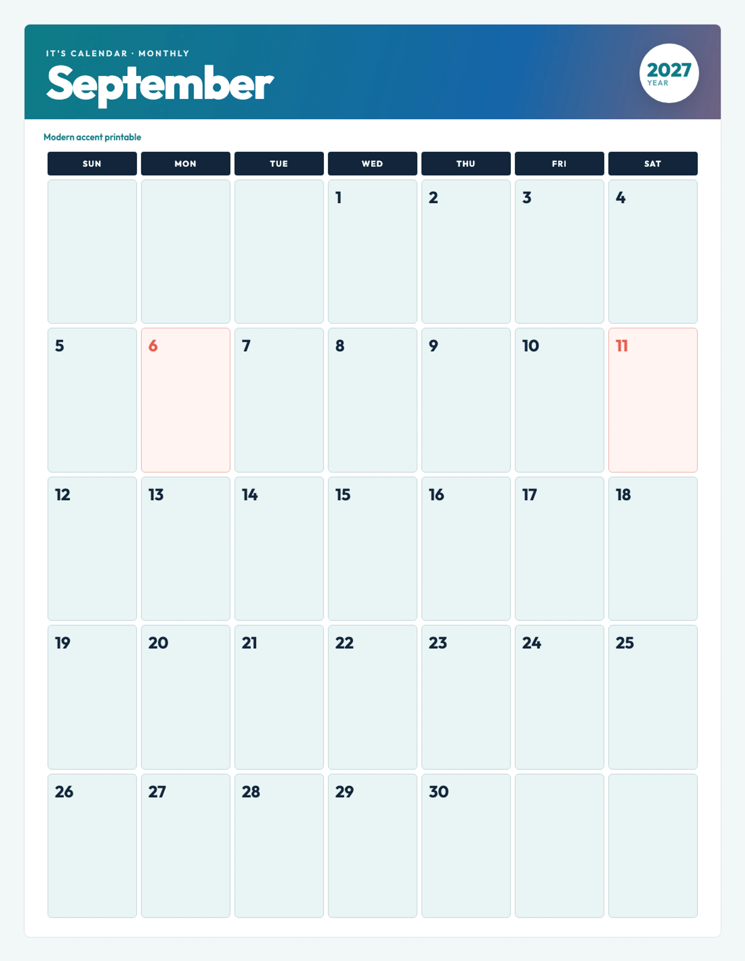 Cute / Winter September 2027 Calendar