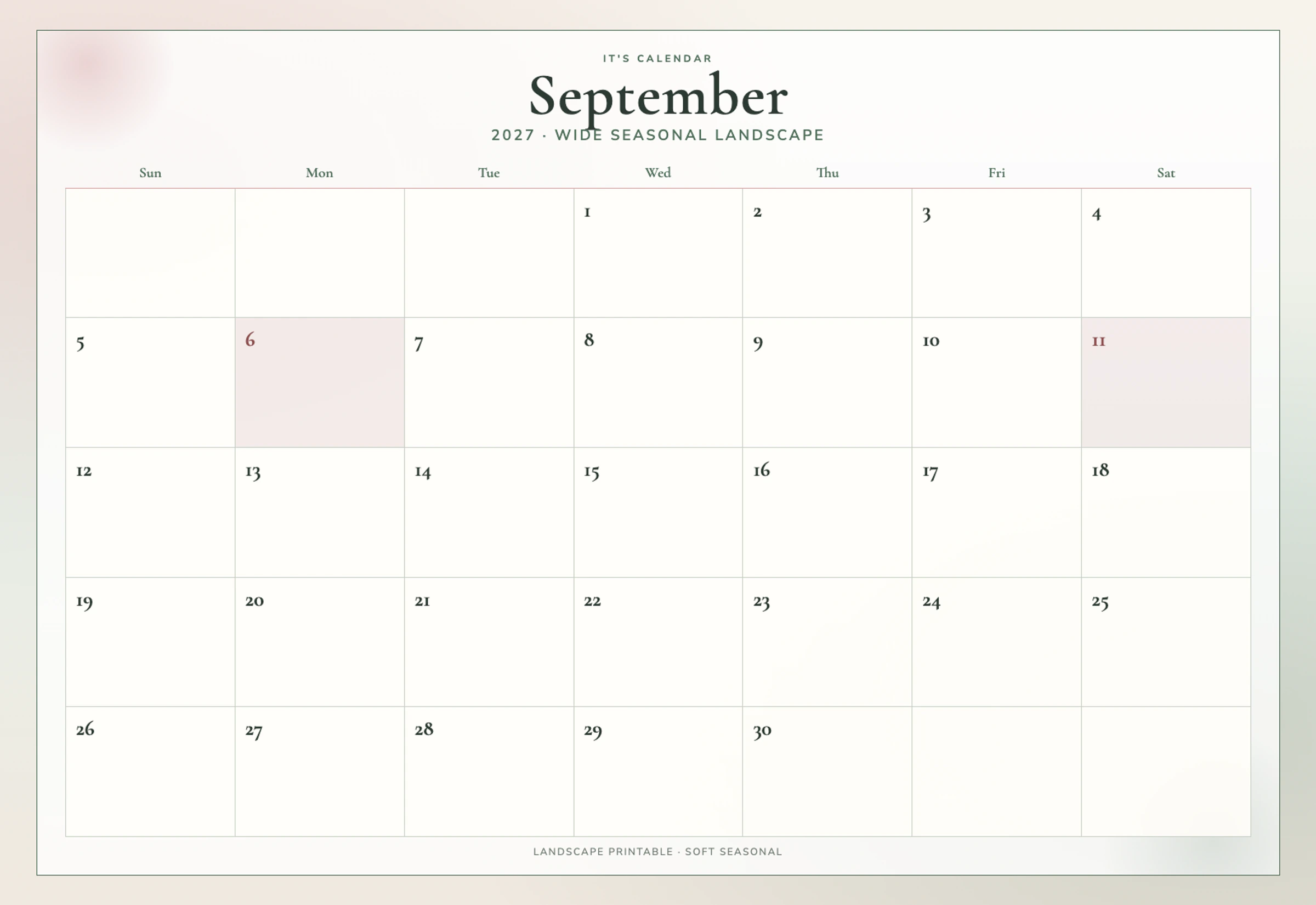 Landscape September 2027 Calendar
