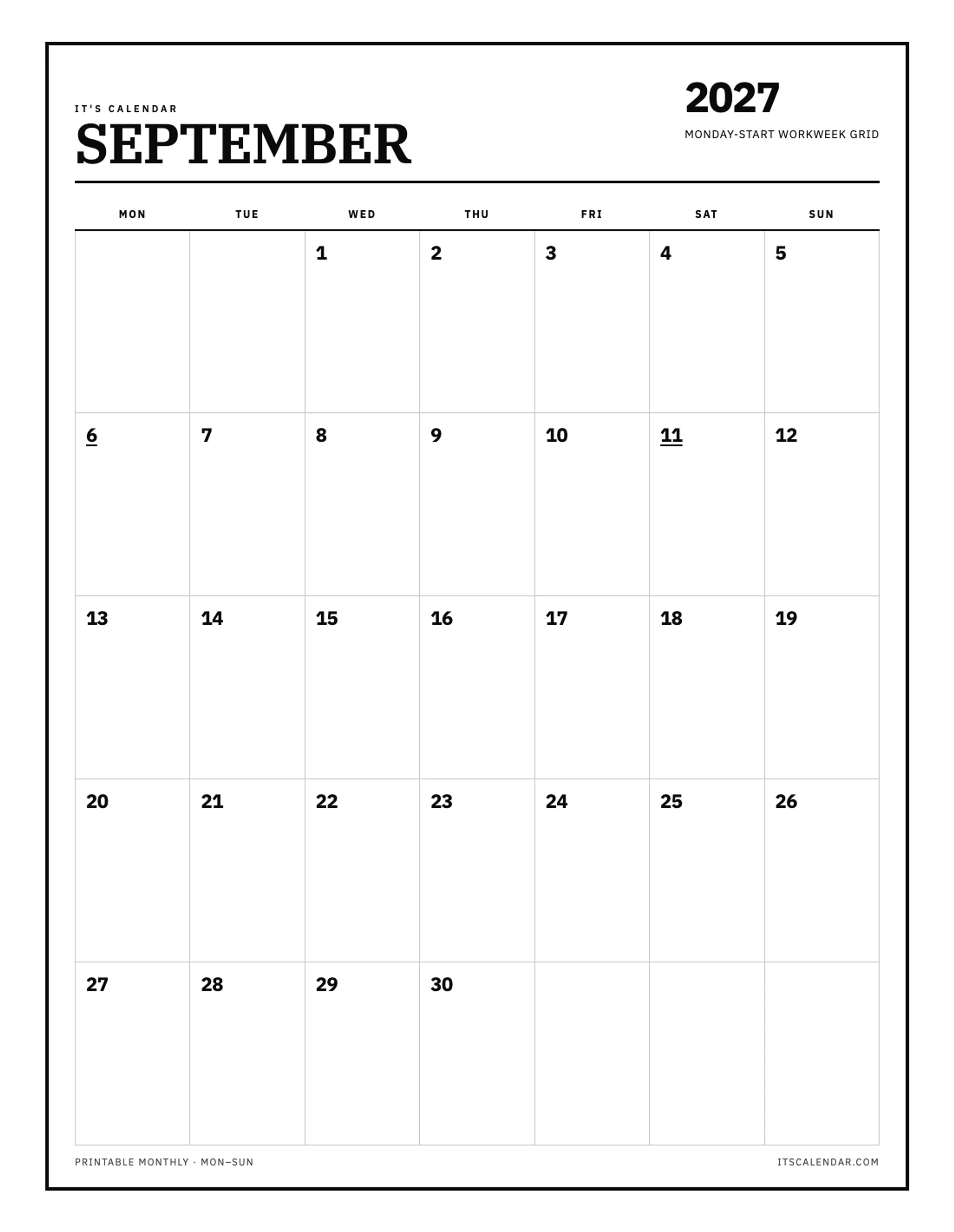 September 2027 Calendar – Monday Start