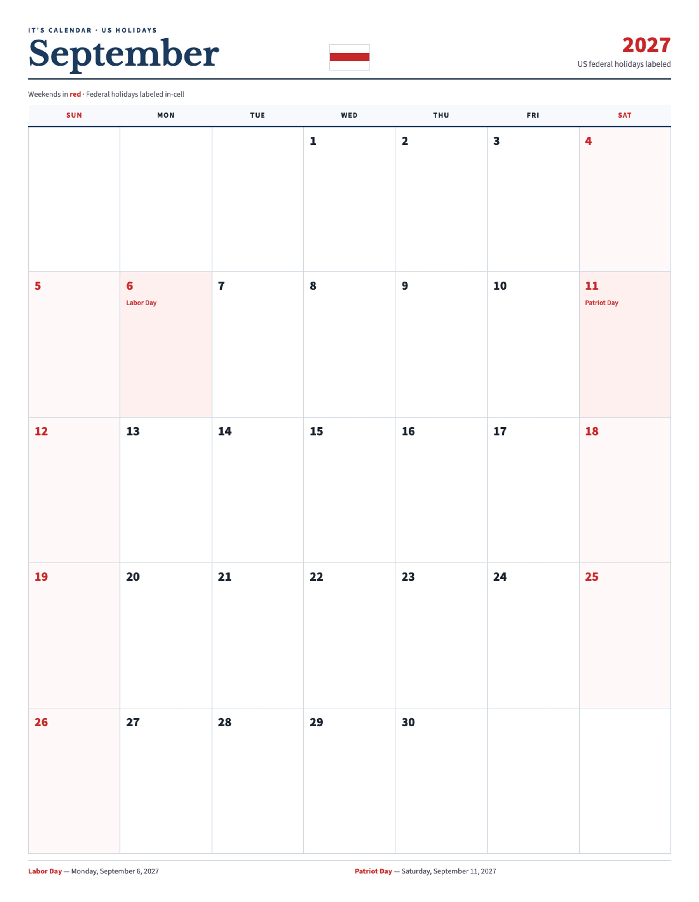 September 2027 Calendar With Holidays